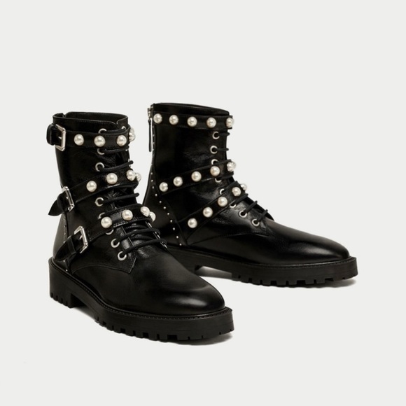 Zara Moto Boots w/ Faux Pearls & Studded Detail - Picture 2 of 7